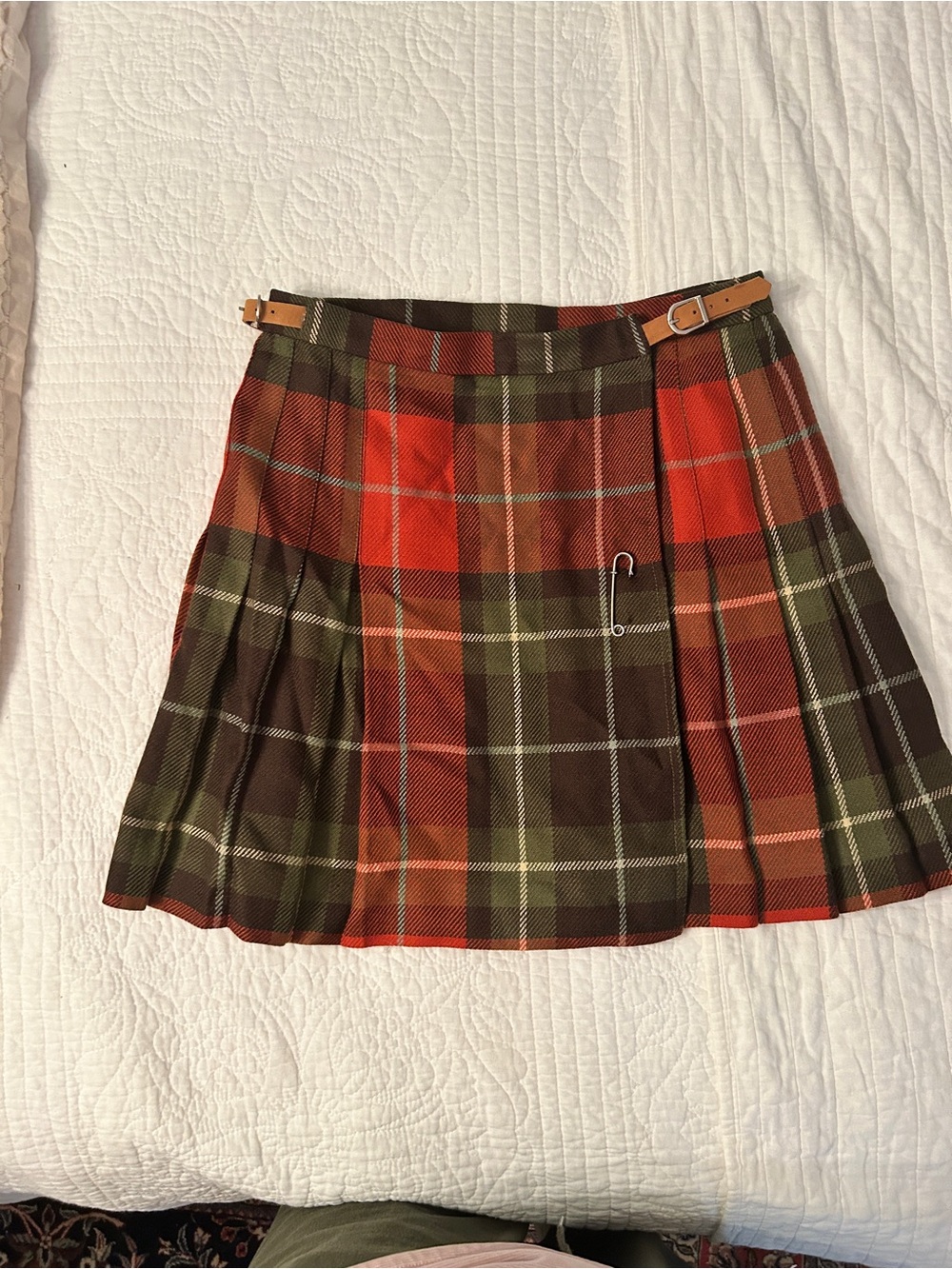 Vintage Calvin Klein Sport Wool Plaid Pleated Mini Skirt in Red and Olive